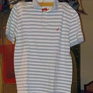 Nautica Light Blue and White Striped Polo Shirt